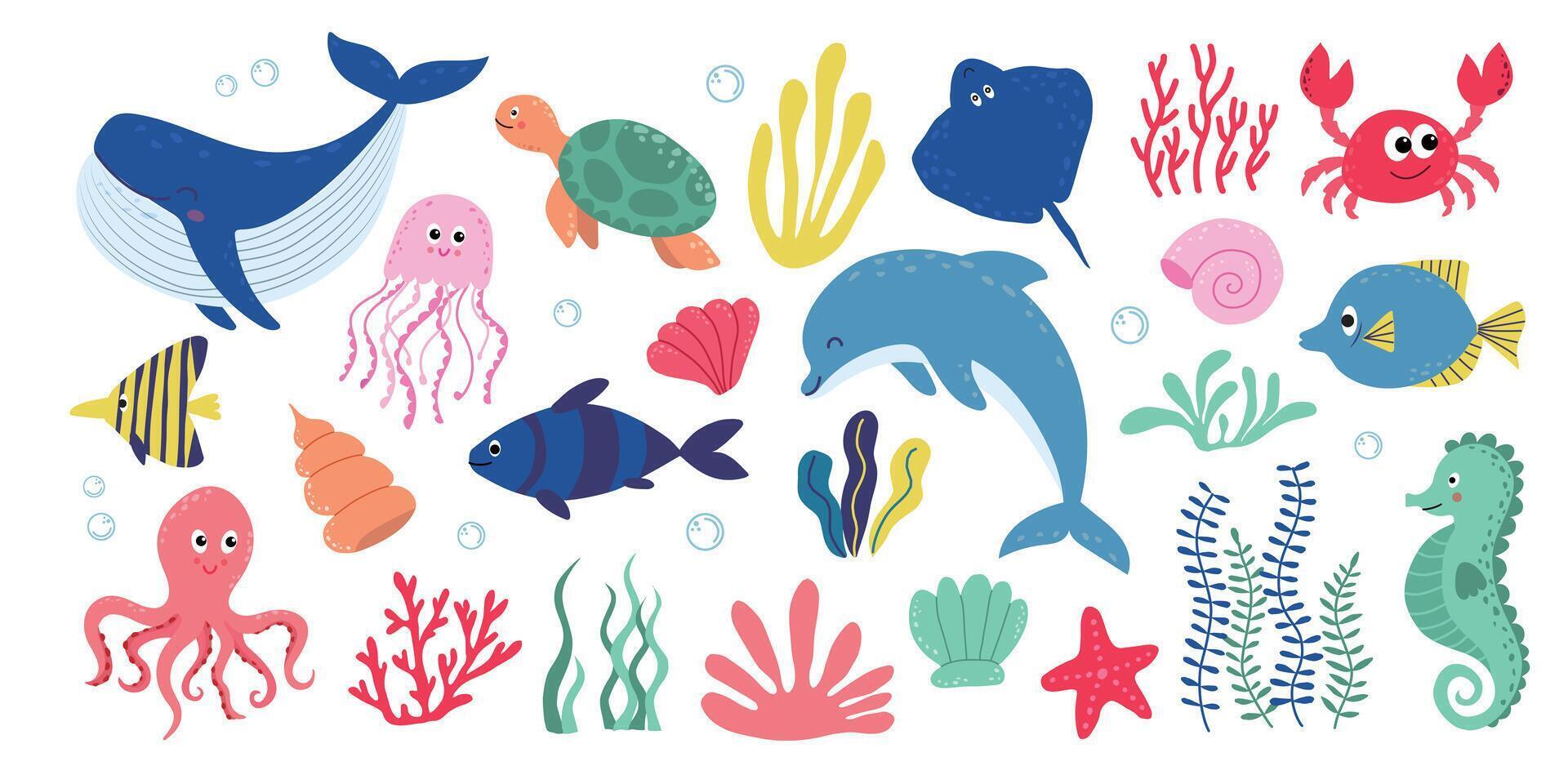 Cute aquatic animals, shells and plants vector