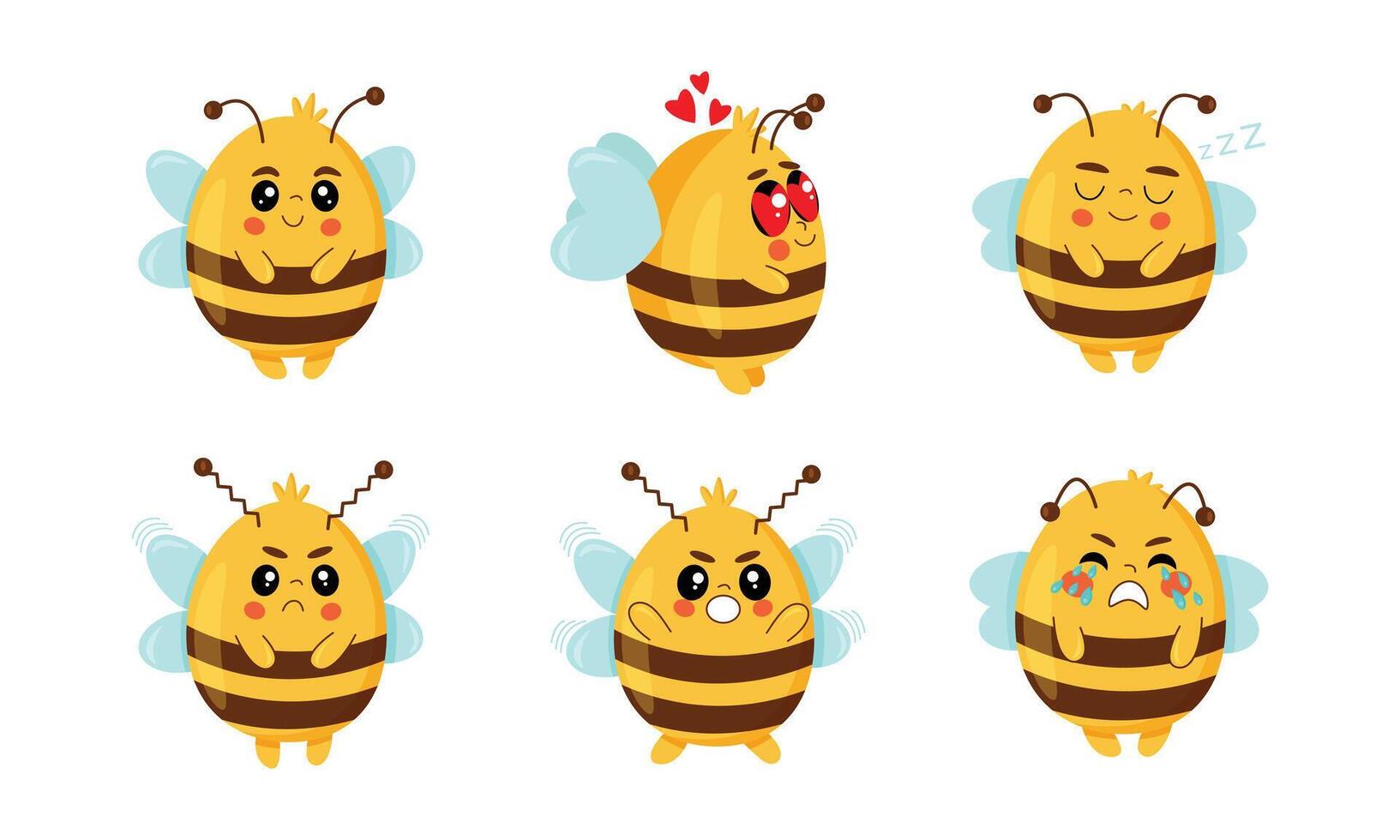 linda abeja colocar. un plano dibujos animados diseño presentando un conjunto de linda abejas en varios expresiones vector