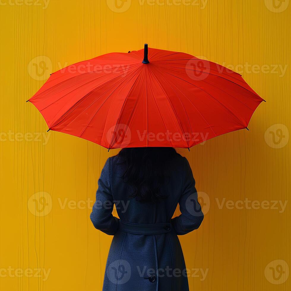 AI generated Girl with red umbrella on yellow background with her back turned to the camera. Woman holding umbrella in front of a background. Person under umbrella photo