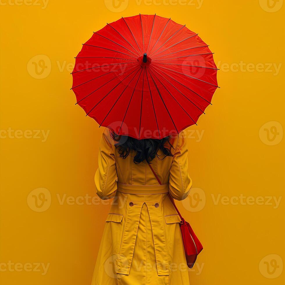 AI generated Girl with red umbrella on yellow background with her back turned to the camera. Woman holding umbrella in front of a background. Person under umbrella photo