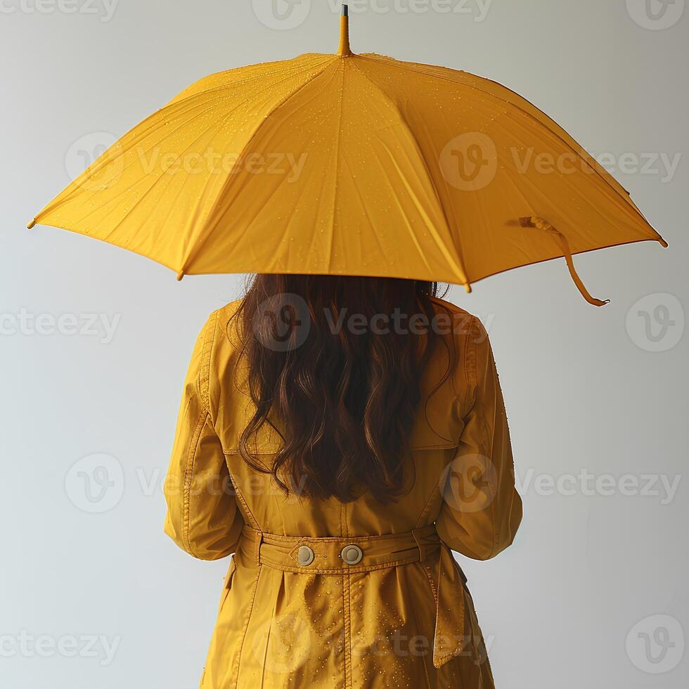 AI generated Girl with yellow umbrella on white background with her back turned to the camera. Girl holding umbrella in front of a background. Person under umbrella photo