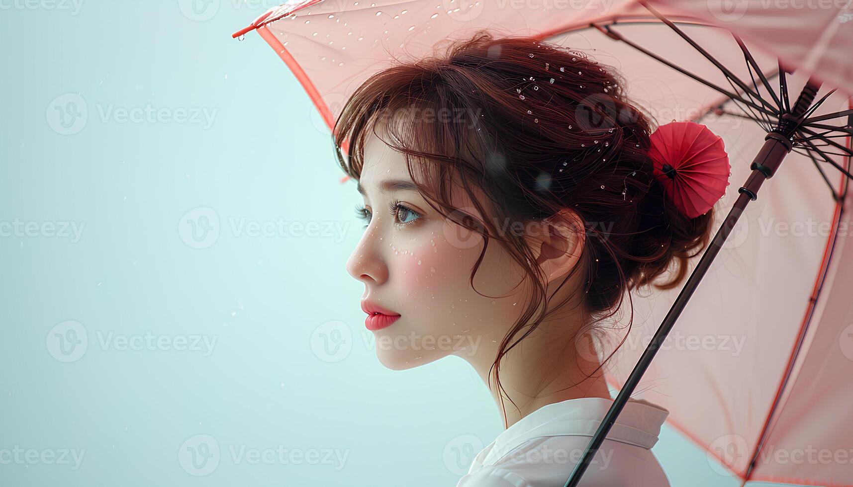 AI generated portrait of a woman under a light pink umbrella. Beautiful woman holding an umbrella under pouring rain. Woman with umbrella looking into the distance. Profile of a woman with umbrella photo