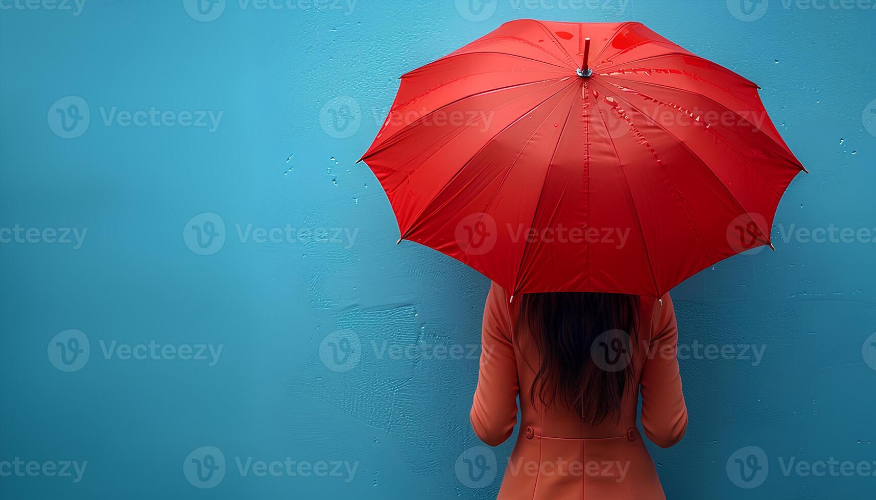 AI generated Girl with red umbrella on blue background with her back turned to the camera. Girl holding umbrella in front of a background. Person under umbrella photo