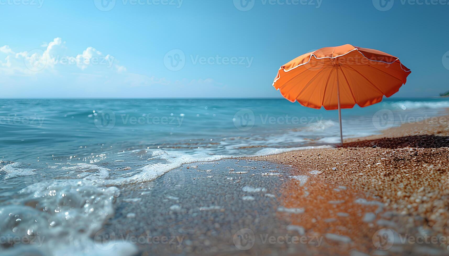 AI generated Parasol on the beach during summertime. Parasol for shade protection on a sunny beach in a tropical destination with waves crashing the beach. Tropical destination photo