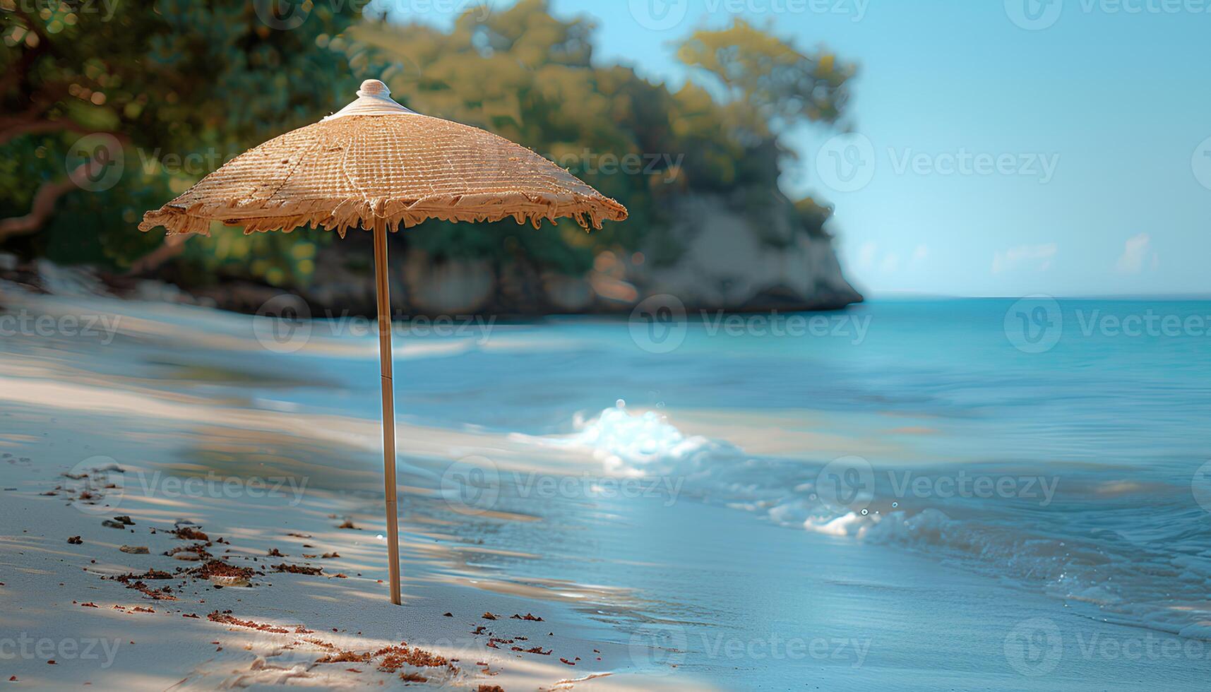 AI generated Parasol on the beach during summertime. Parasol for shade protection on a sunny beach in a tropical destination with waves crashing the beach. Tropical destination photo