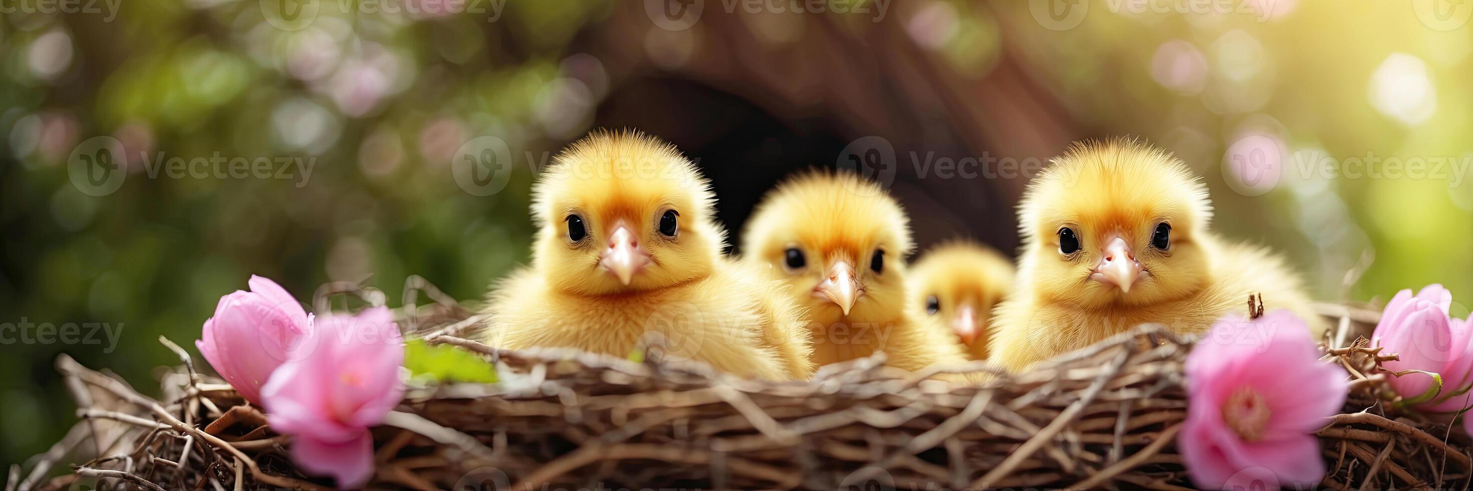 ai generado linda mullido amarillo polluelos en un primavera floreciente nido de leña menuda y flores en naturaleza. primavera tarjeta, primavera tiempo, niños, infancia. ai generado foto