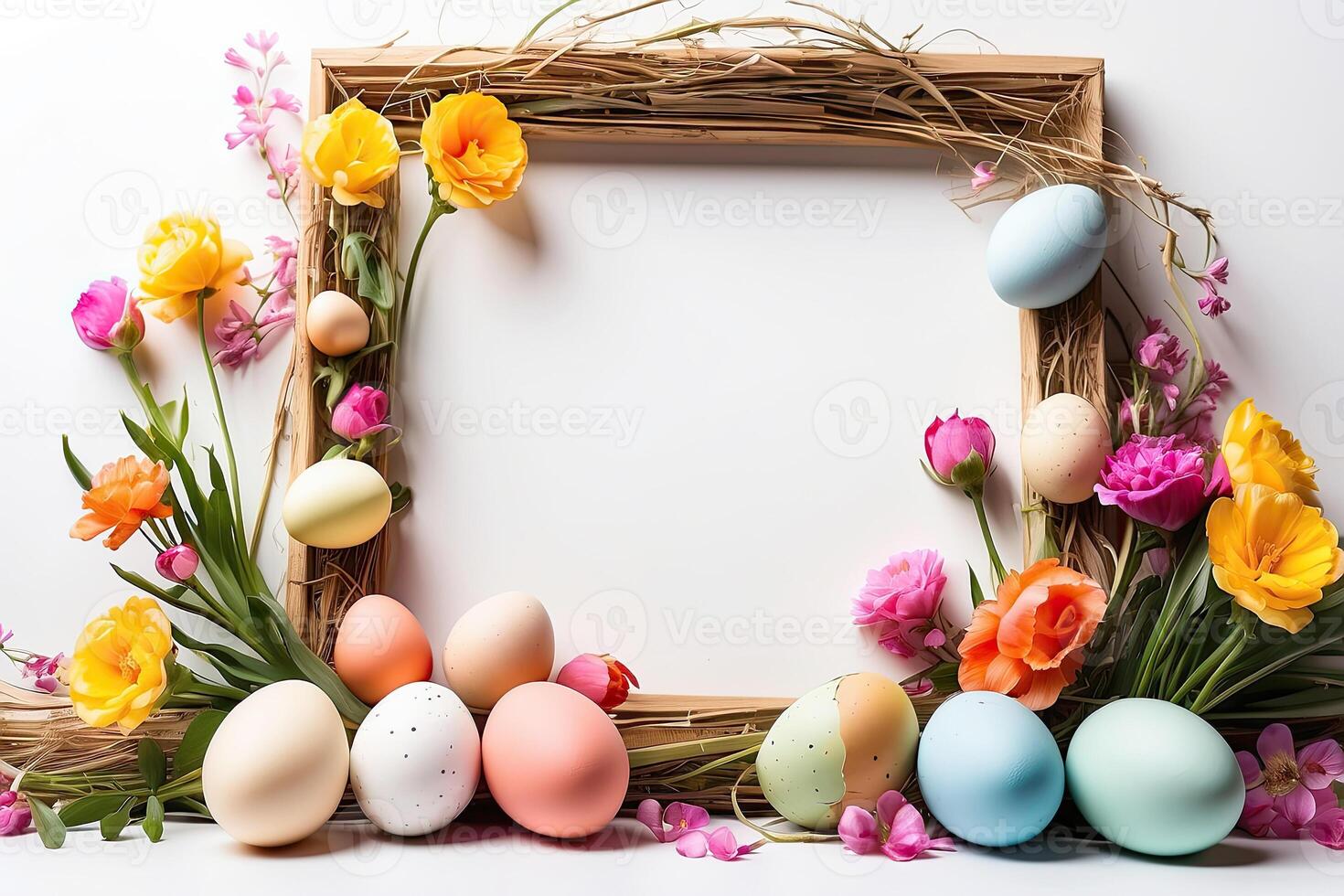AI generated Multicolored Easter eggs frame with spring flowers - Easter card with a space for text. rustic Easter background photo