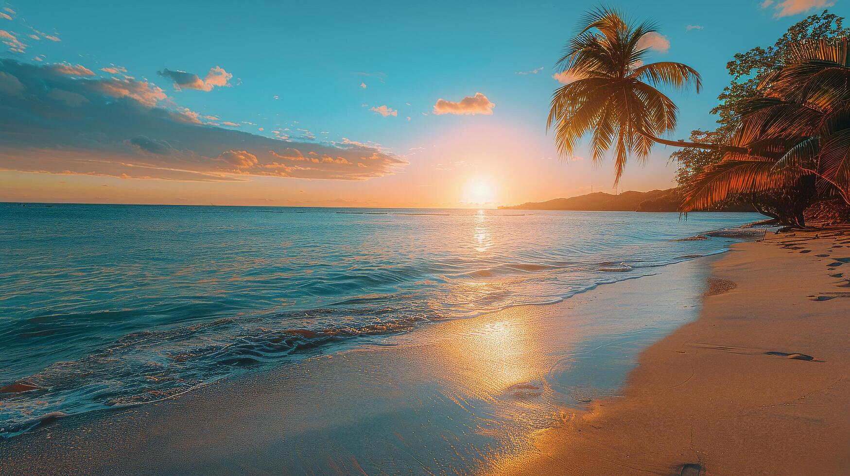 AI generated Beach With Palm Trees and Setting Sun photo