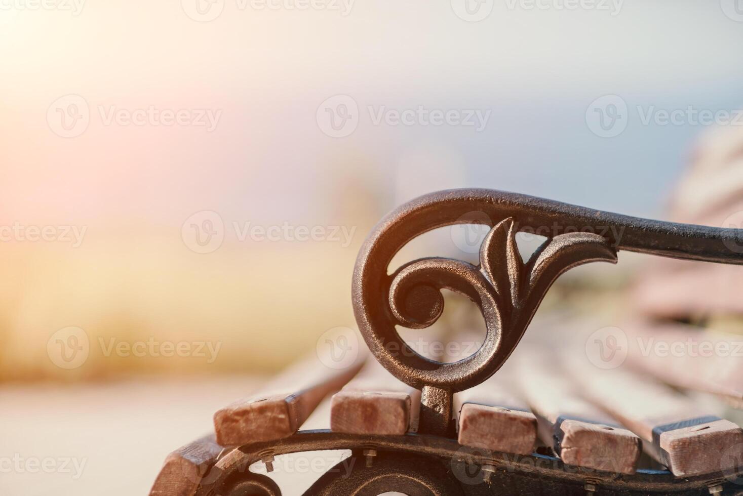 Empty Park wooden bench Closeup view. Wood exterior material. Wo photo