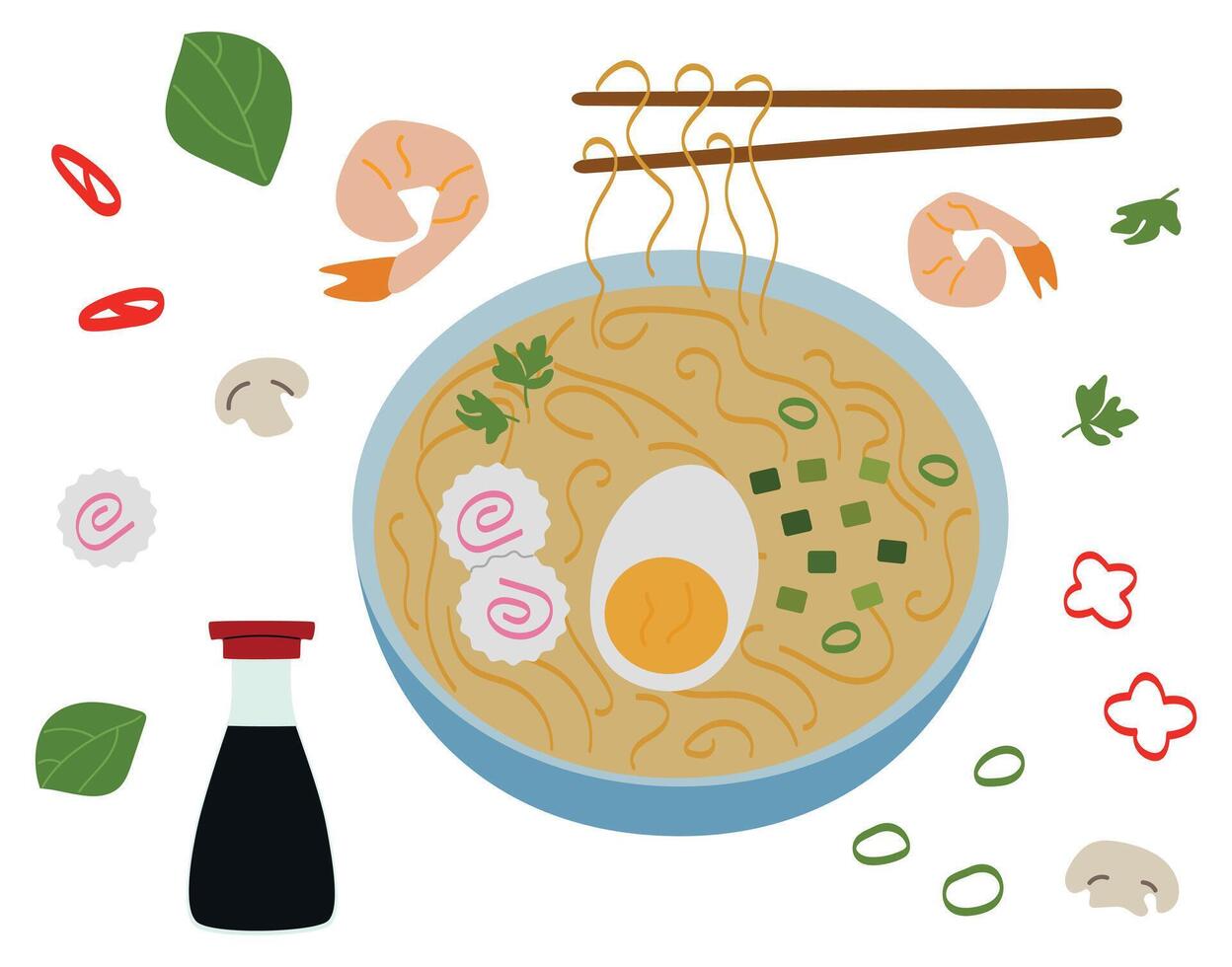 Bowl of ramen, vector illustration of Asian noodle soup with broth, delicious ethnic dish with boiled egg, shrimp and mushrooms, delicious noodles, Korean and Chinese cuisine, isolated