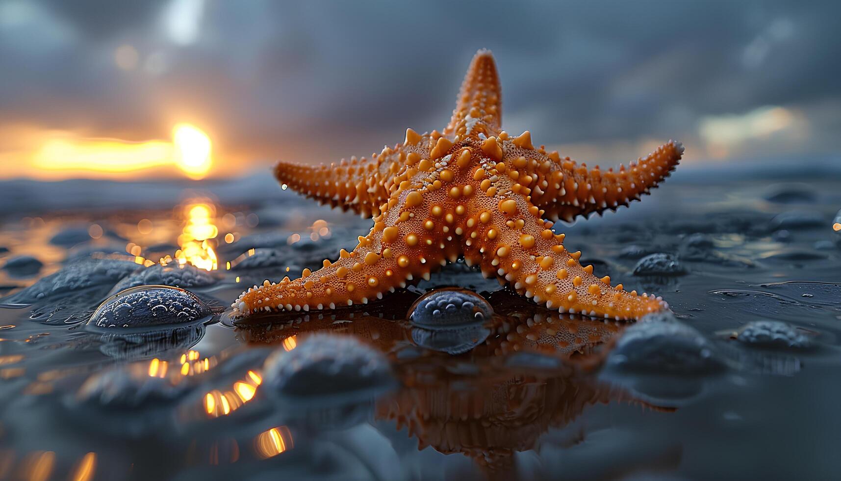 ai generado estrella de mar en el playa. estrella de mar en el arena de cerca. de cerca de un mar estrella en un arenoso playa en tropical ubicación foto