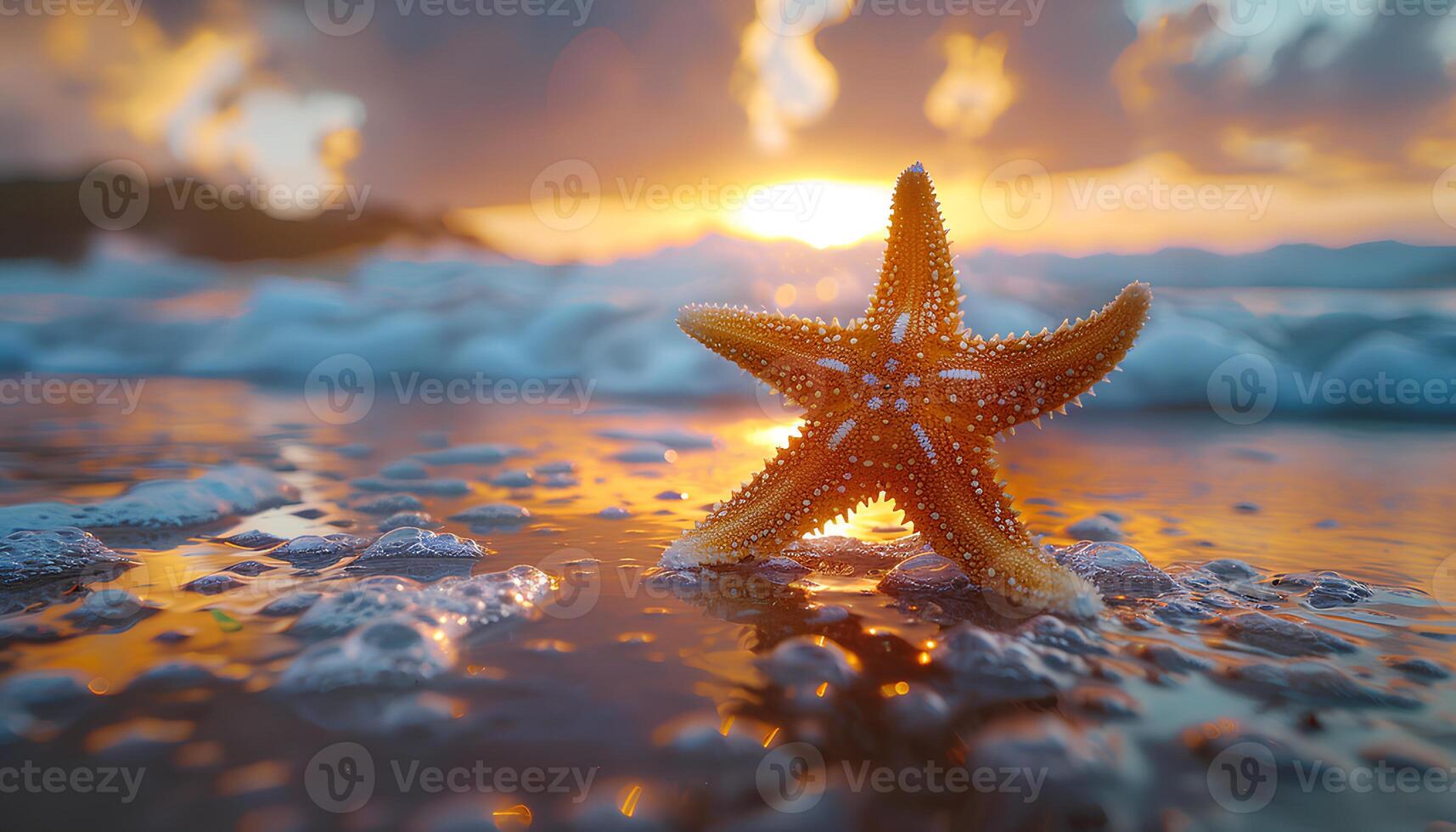 ai generado estrella de mar en el playa. estrella de mar en el arena de cerca. de cerca de un mar estrella en un arenoso playa en tropical ubicación foto