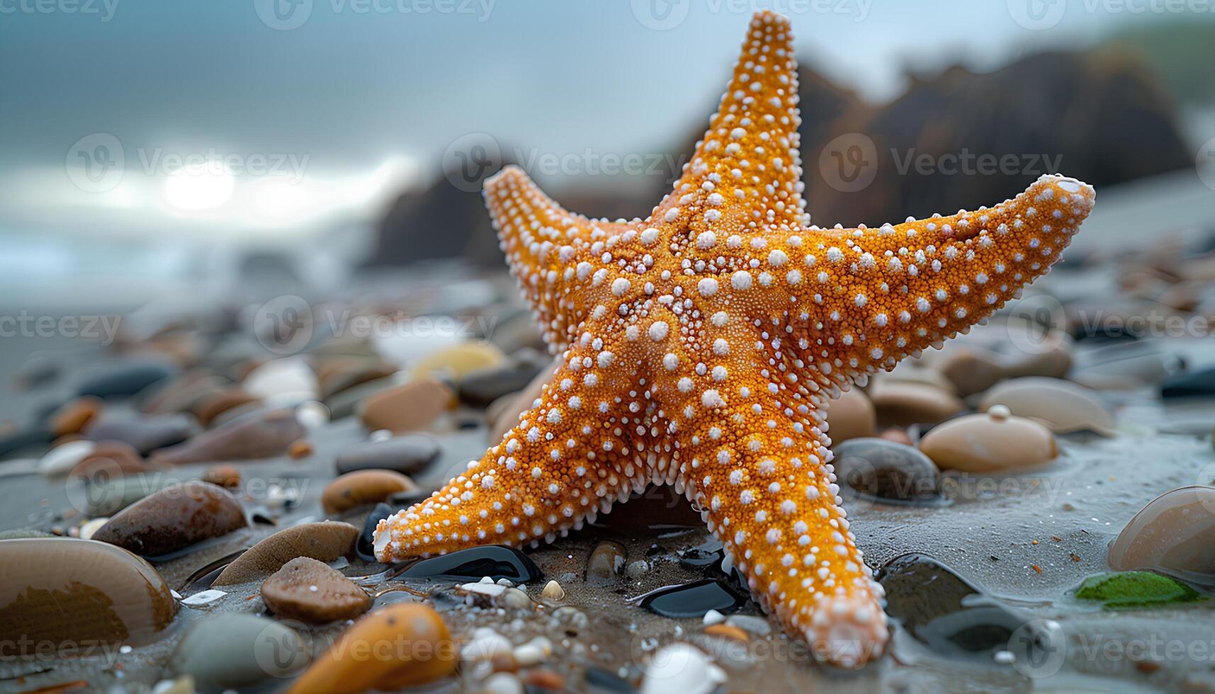 AI generated starfish on the beach. Starfish on the sand closeup. Closeup of a sea star on a sandy beach in tropical location photo