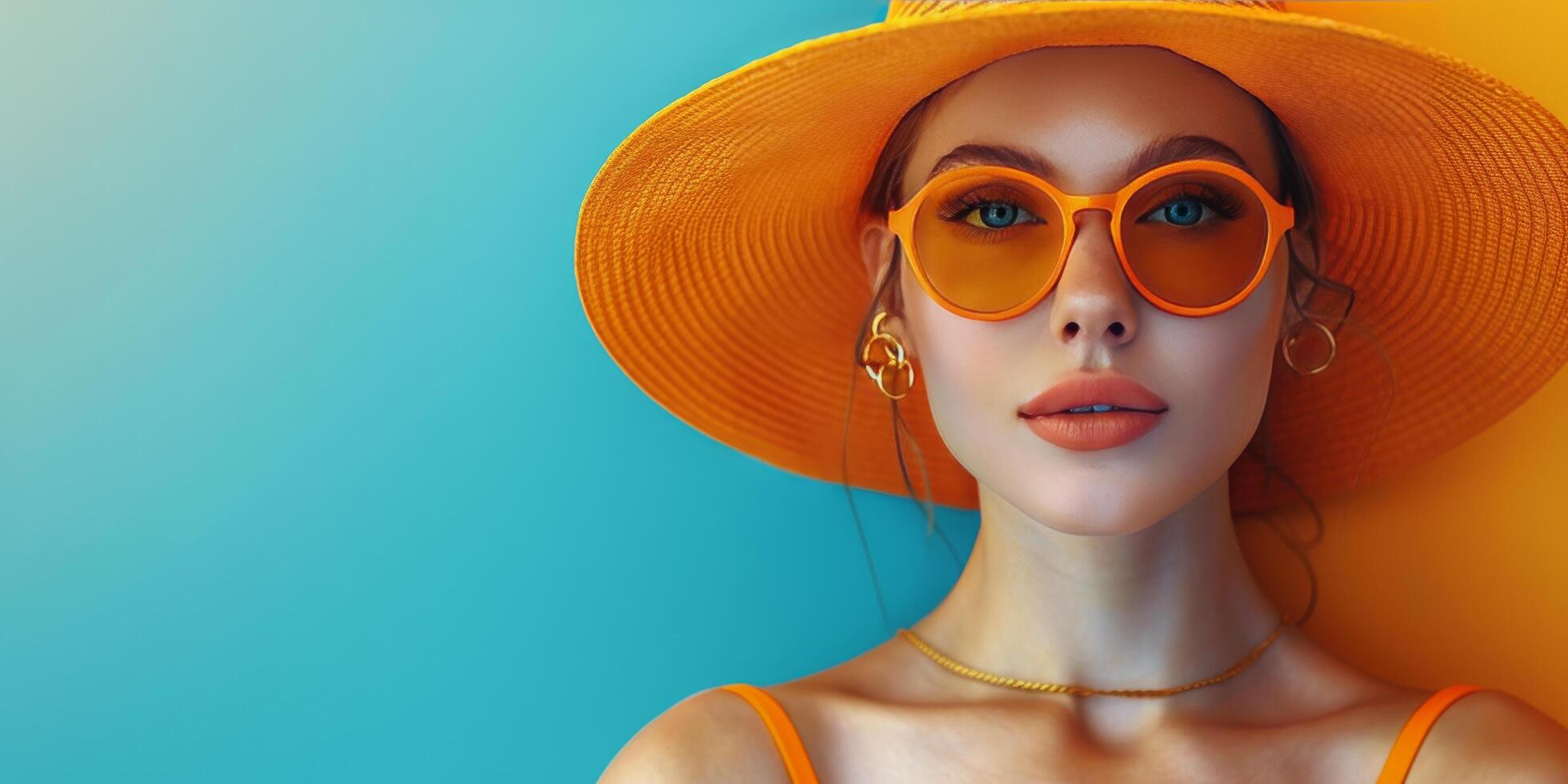 ai generado mujer vistiendo amarillo sombrero y azul lentes foto