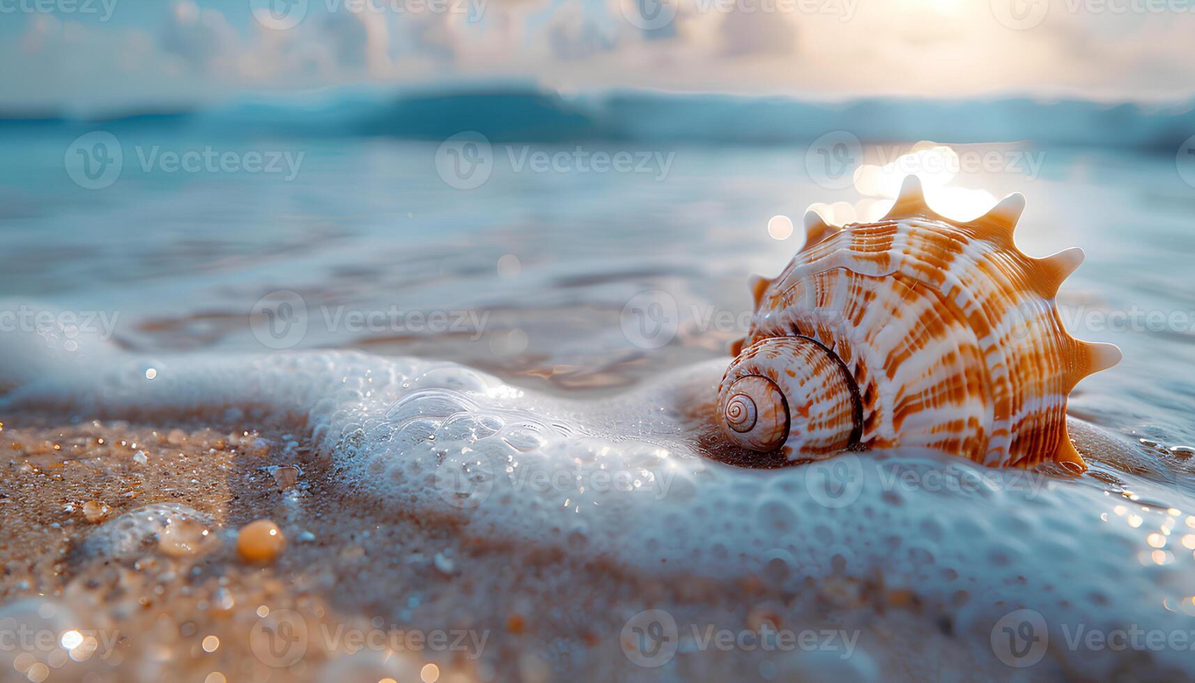 ai generado concha en el playa. mar cáscara en el arena de cerca. de cerca de un concha en un arenoso playa en tropical ubicación. sal agua concha foto