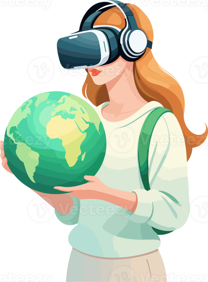 AI generated Girl wearing Virtual Reality VR headset and green globe art, world earth day, Save world save environment concept, ecology, futuristic technology, smart device innovation, digital world png