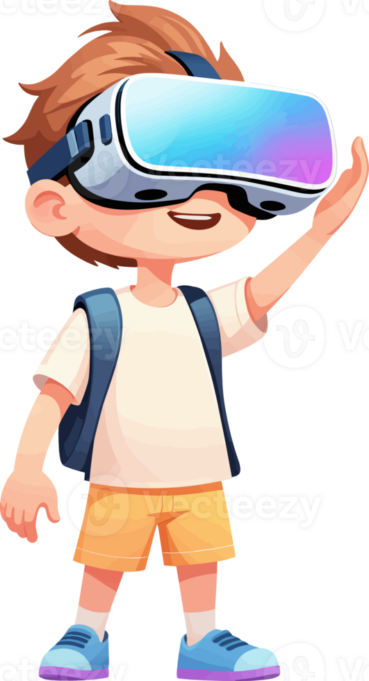 AI generated Happy boy wearing Virtual Reality VR headset cartoon, virtual reality for entertainment, futuristic technology, smart device innovation, virtual digital world theme png