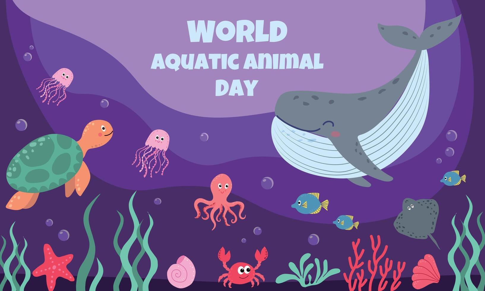 mundo acuático animal día póster diseño con ilustración de animales vector