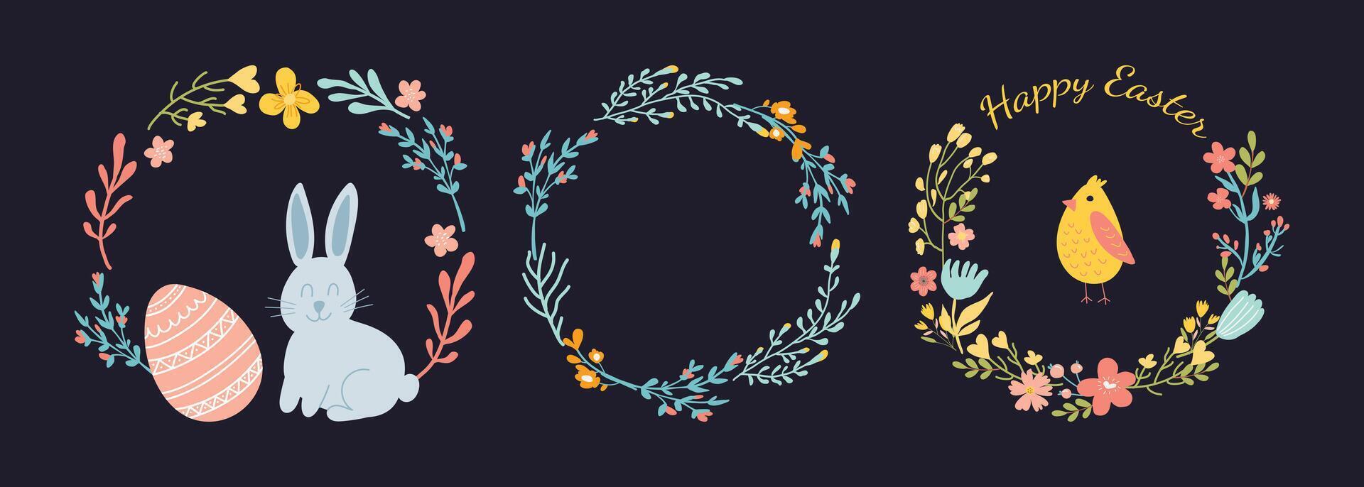 Easter wreath with easter bunny, bird, egg and flowers on dark background. vector