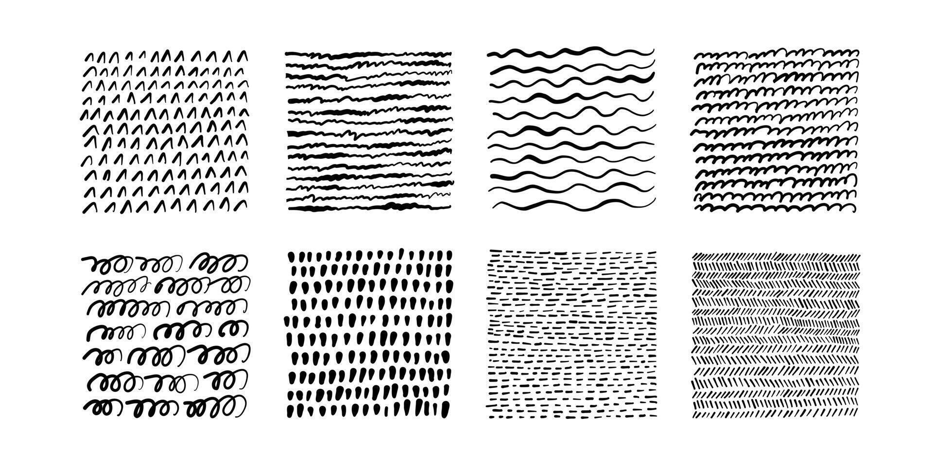 conjunto de mano dibujado texturas líneas con diferente densidad y inclinación. eclosión dibujado con bolígrafo. vector