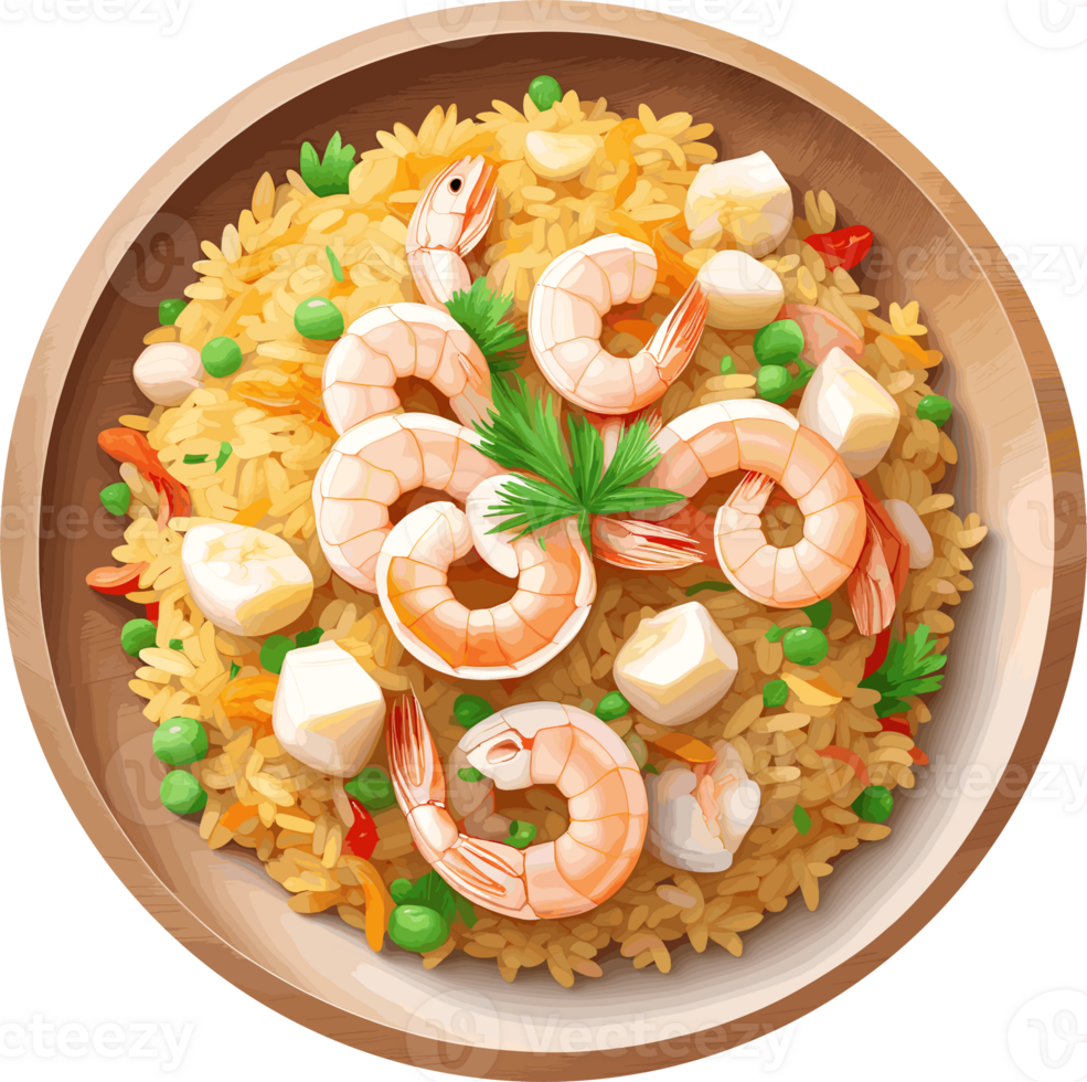 AI generated Yummy spicy fried rice and shrimps recipe, design element for Asian food recipe and idea, seafood, traditional cuisine, cooking and kitchen decor, meal, calories png