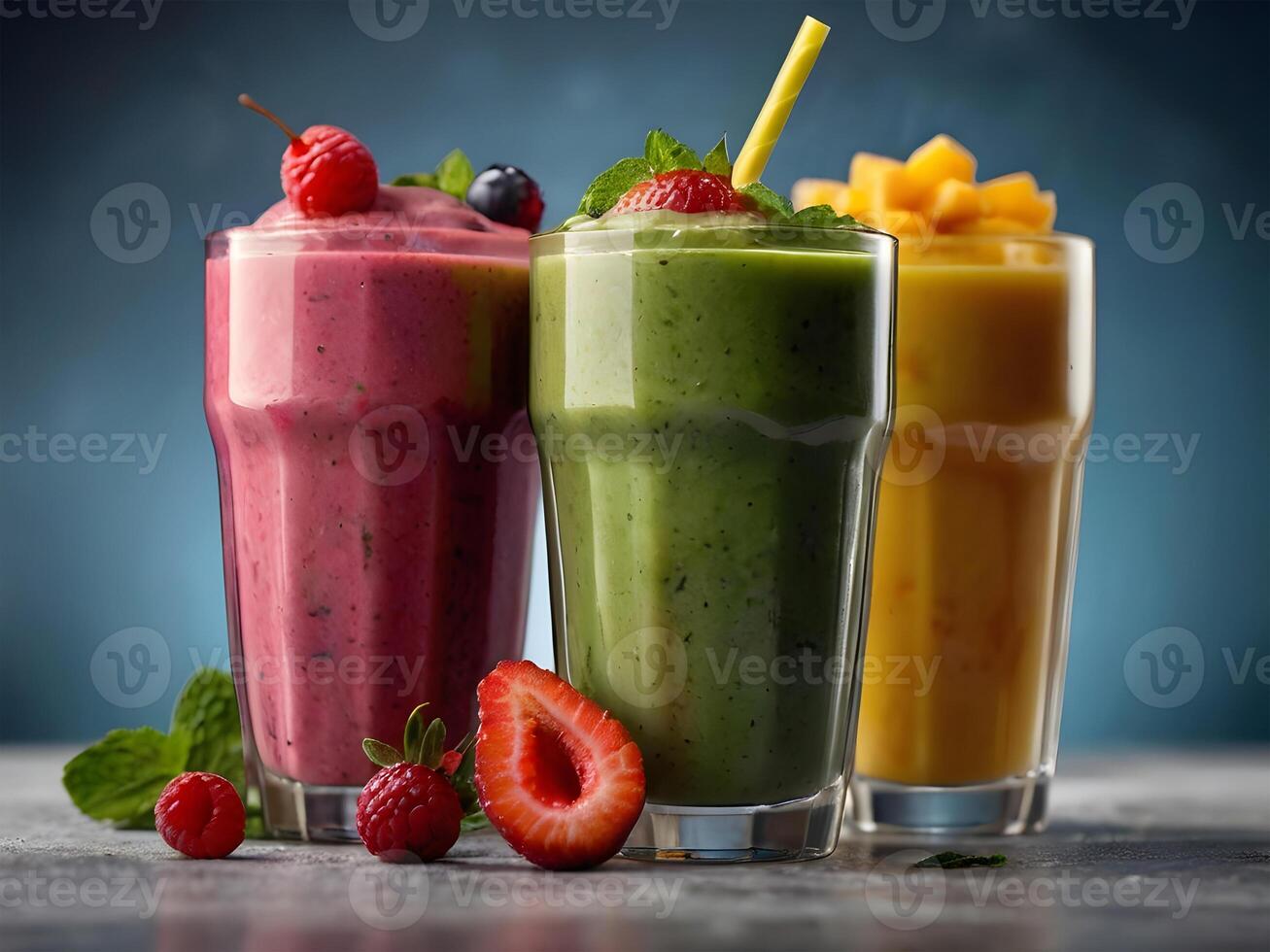 AI generated Colorful and healthy berry smoothies, milkshakes, cocktails with yogurt, fresh fruit, and berries on a blue background. Selective focus. AI Generated photo