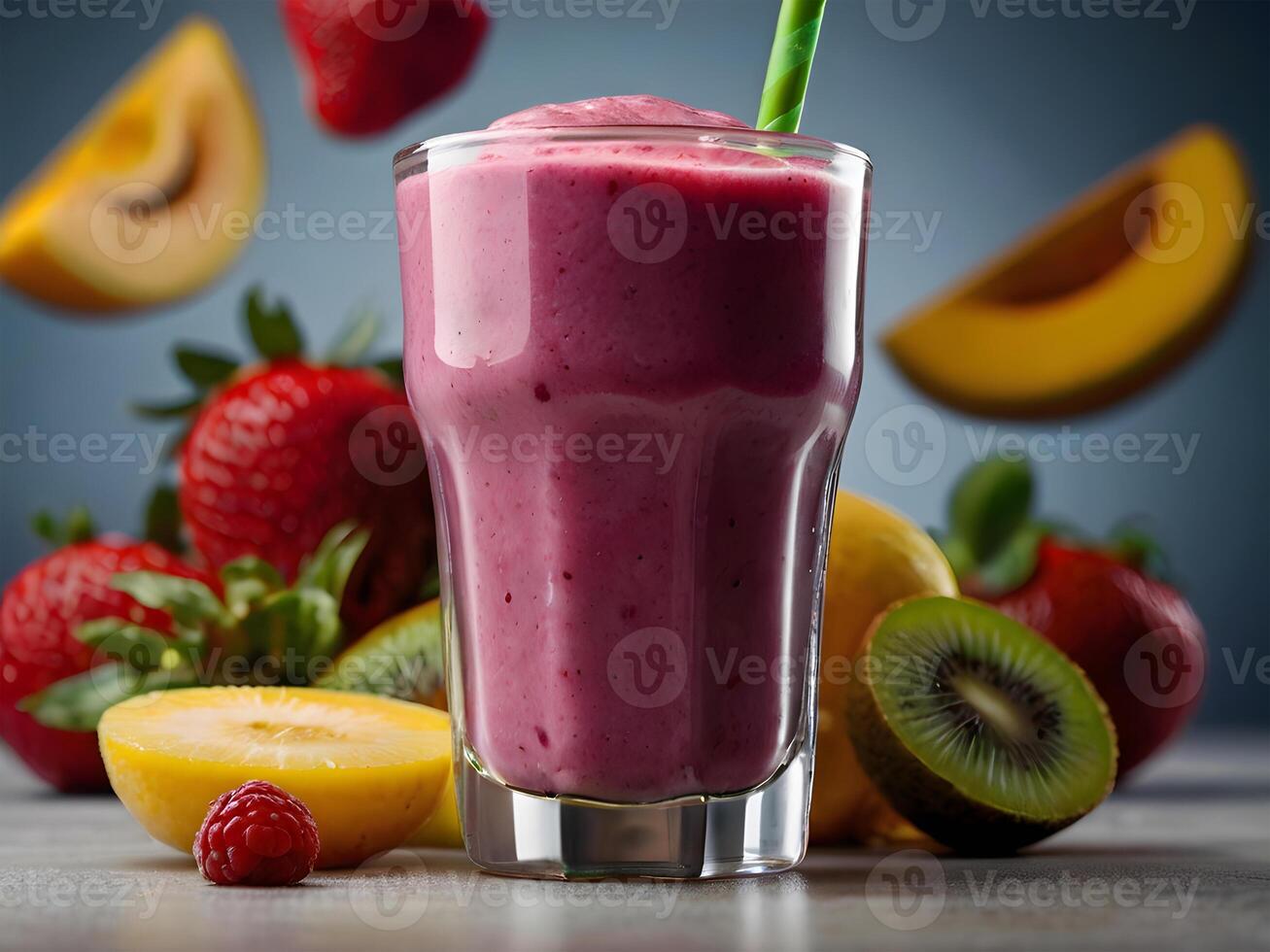 AI generated Colorful and healthy berry smoothies, milkshakes, cocktails with yogurt, fresh fruit, and berries on a black background. Selective focus. photo