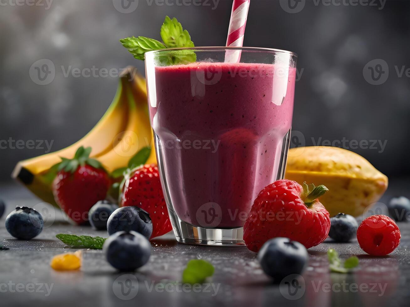 AI generated Colorful and healthy berry smoothies, milkshakes, cocktails with yogurt, fresh fruit, and berries on a black background. Selective focus. AI Generated photo