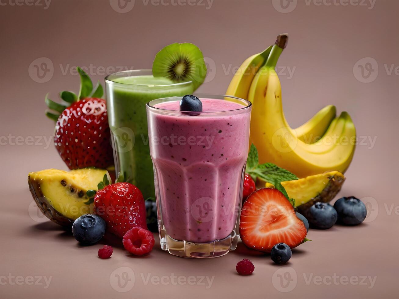 AI generated Colorful and healthy berry smoothies, milkshakes, cocktails with yogurt, fresh fruit, and berries on a black background. Selective focus.. AI Generated photo