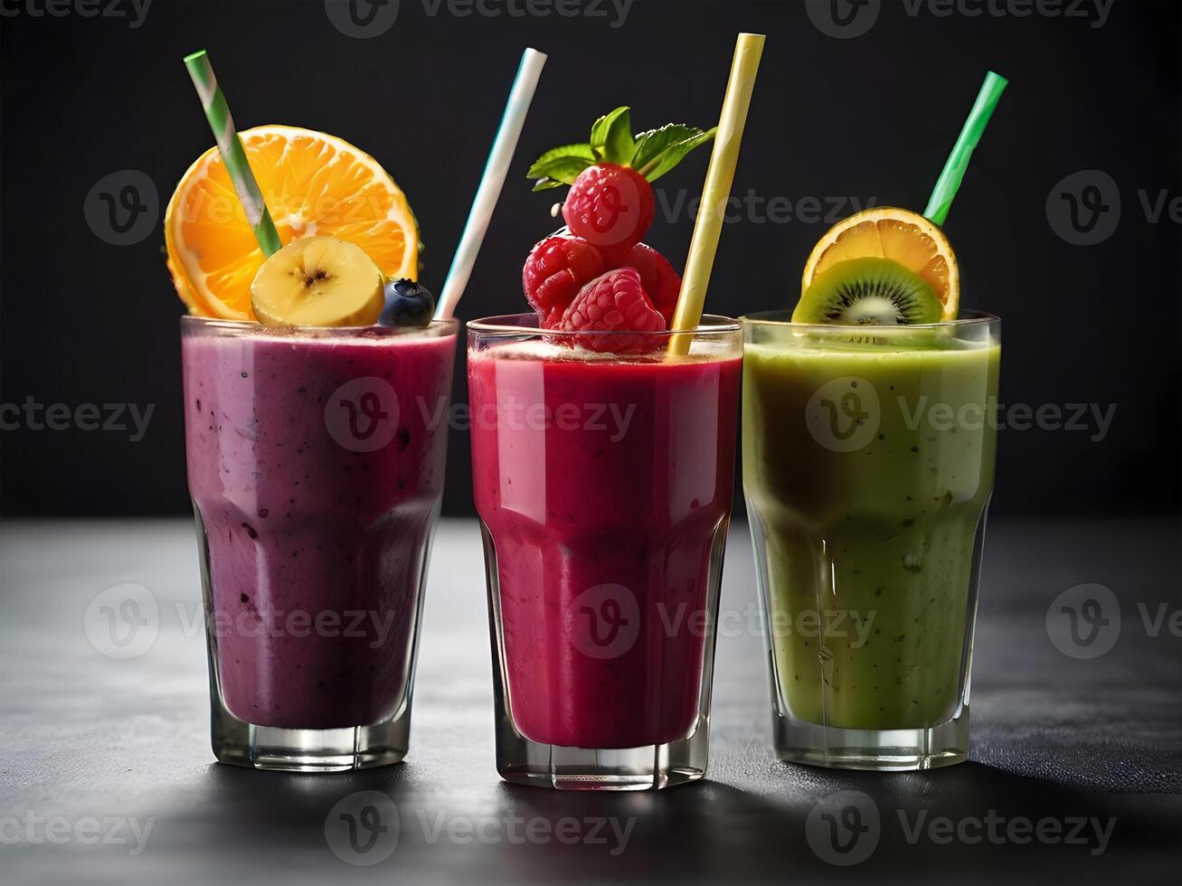 AI generated Colorful and healthy berry smoothies, milkshakes, cocktails with yogurt, fresh fruit, and berries on a black background. Selective focus.. AI Generated photo