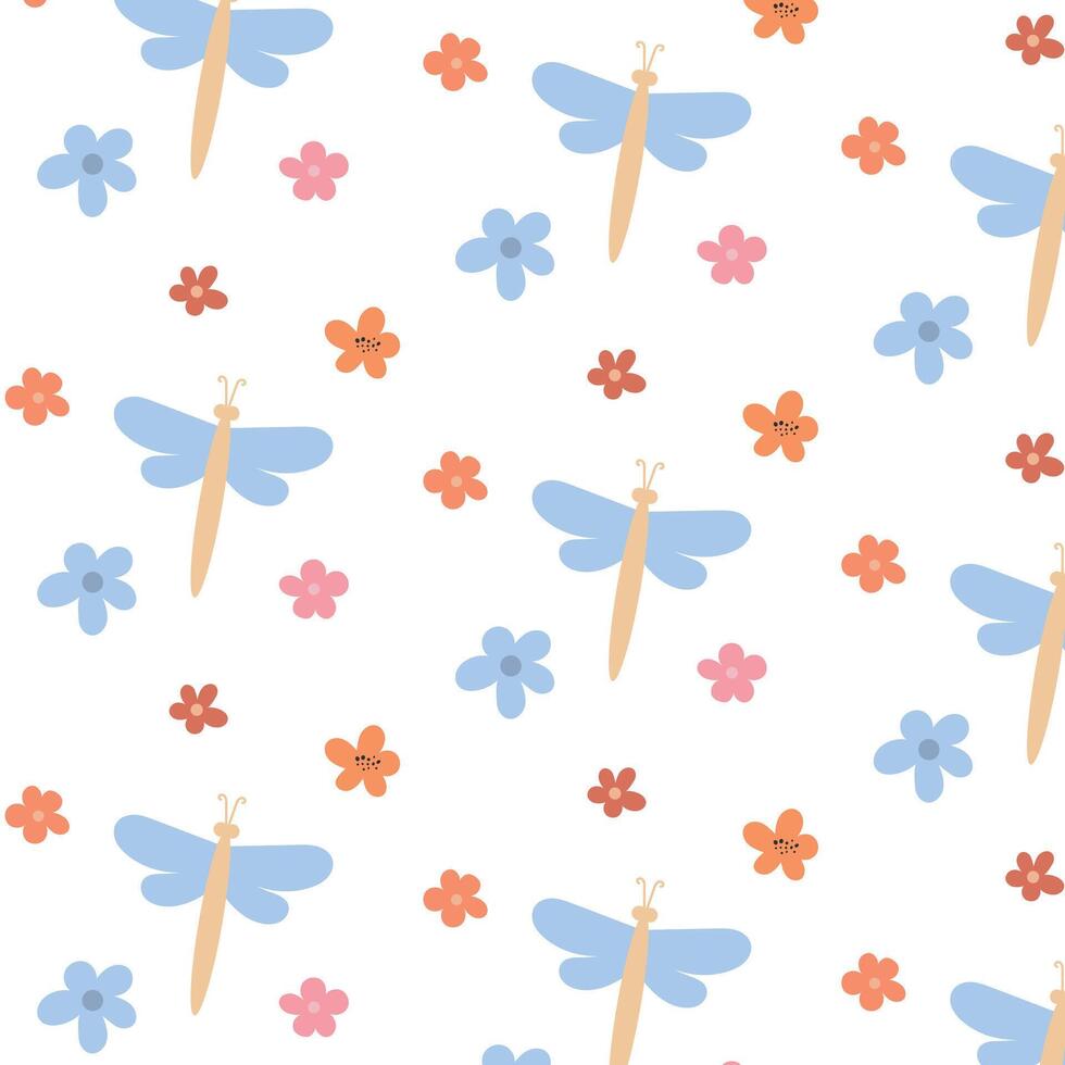 Vector dragonfly and flowers pattern, summer pattern, cute children's pattern, fabric print, wrapping