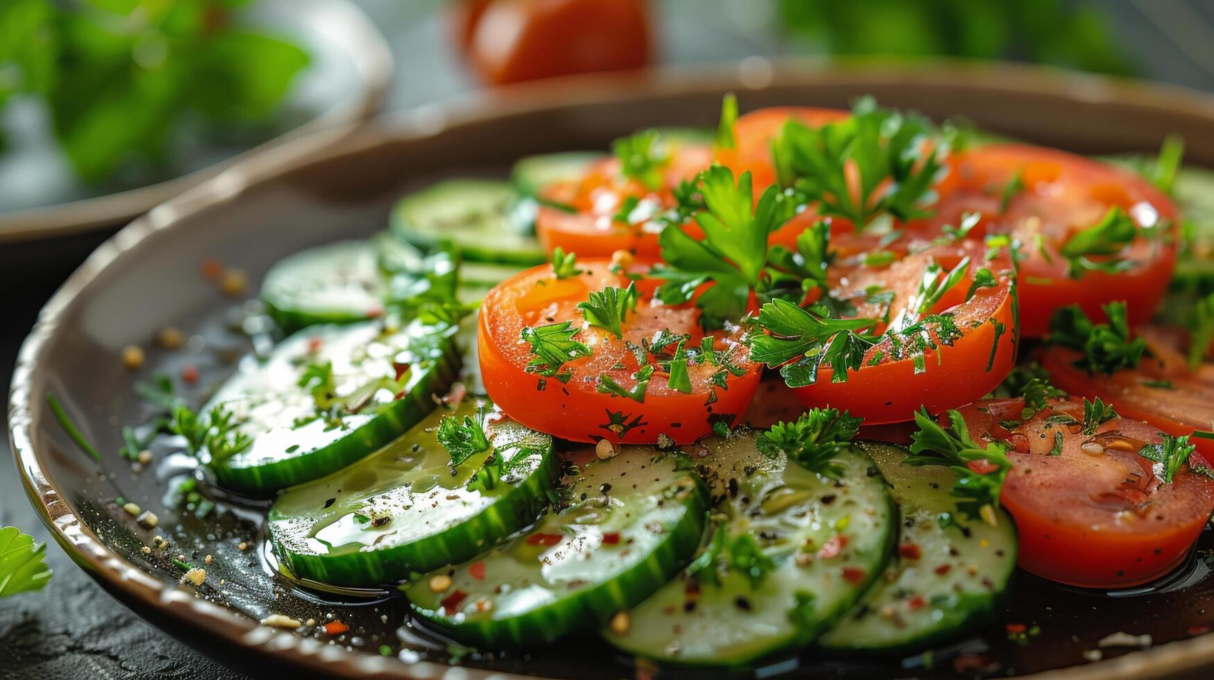 AI generated Plate of Sliced Cucumbers and Tomatoes photo