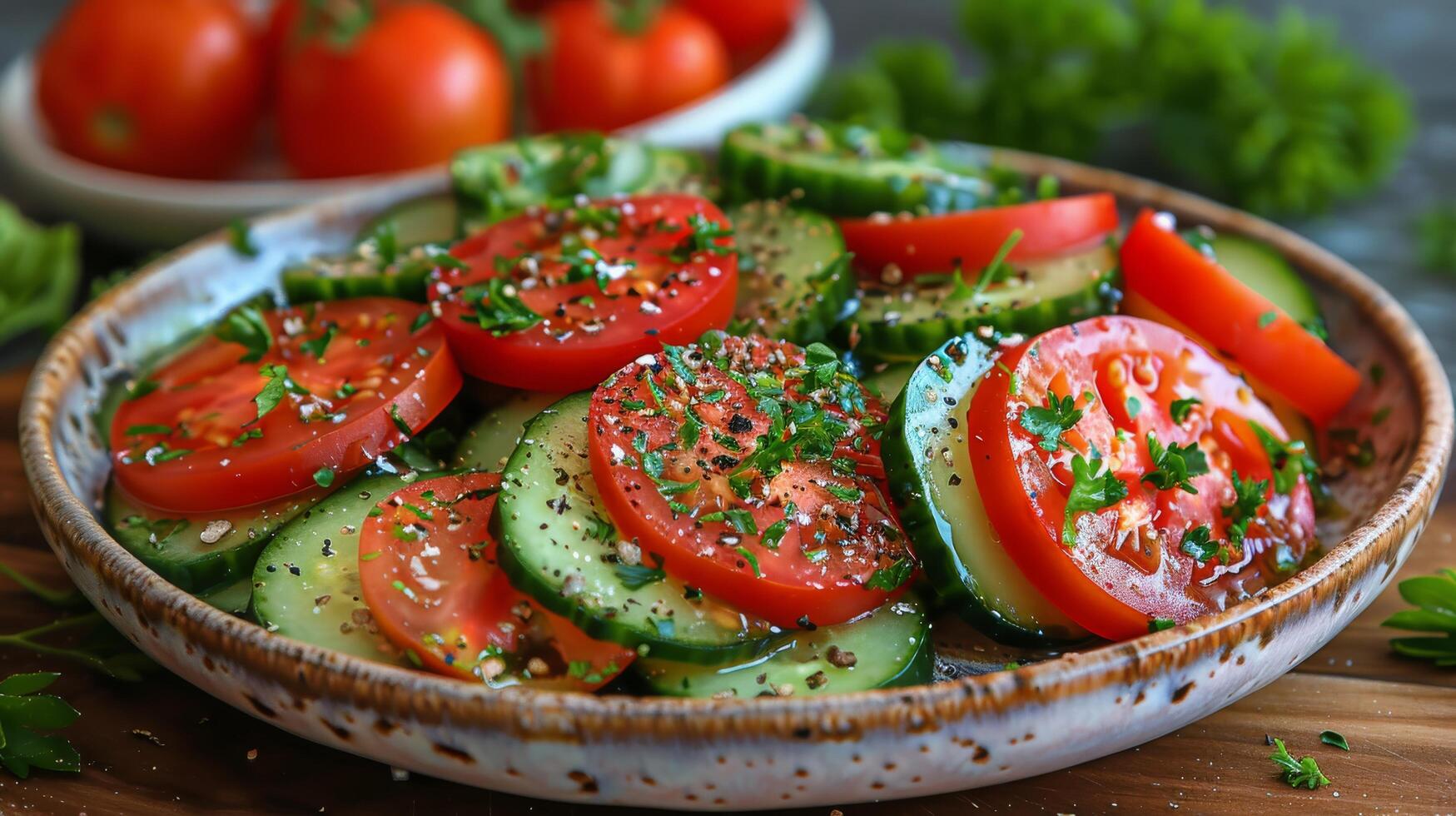AI generated Plate of Sliced Cucumbers and Tomatoes photo