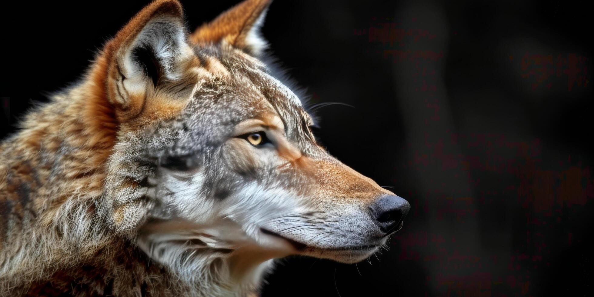 AI generated Close Up of a Wolf on Black Background photo
