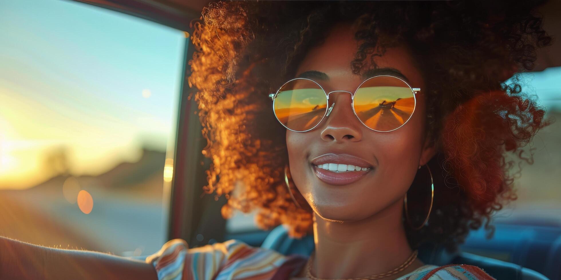 ai generado mujer en coche vistiendo redondo Gafas de sol foto