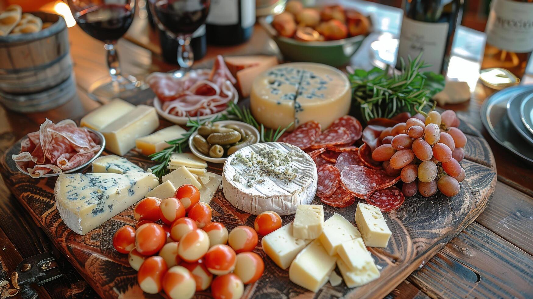 AI generated Assorted Cheeses and Wine on Table photo