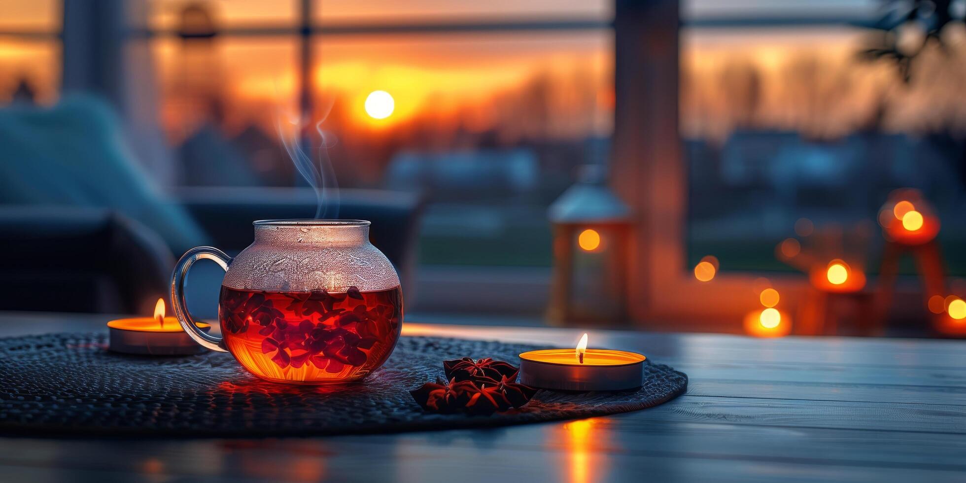 ai generado mesa conjunto con dos té tazas y té maceta foto