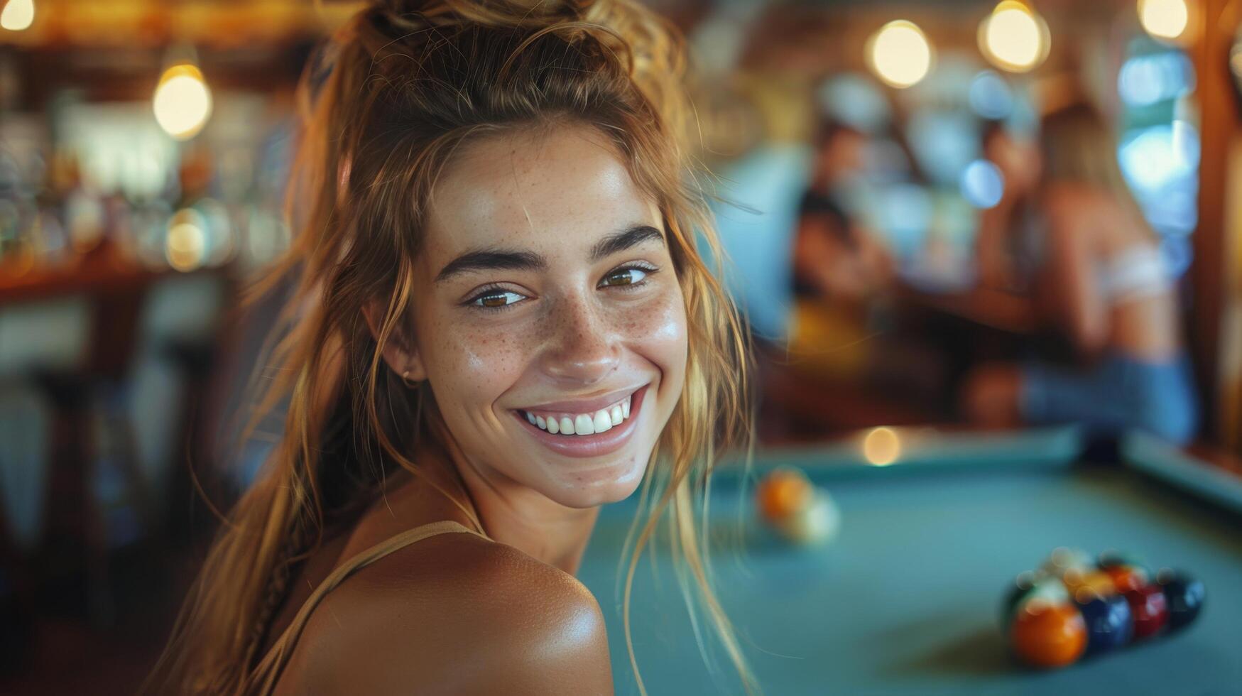 ai generado mujer sonriente por piscina mesa foto