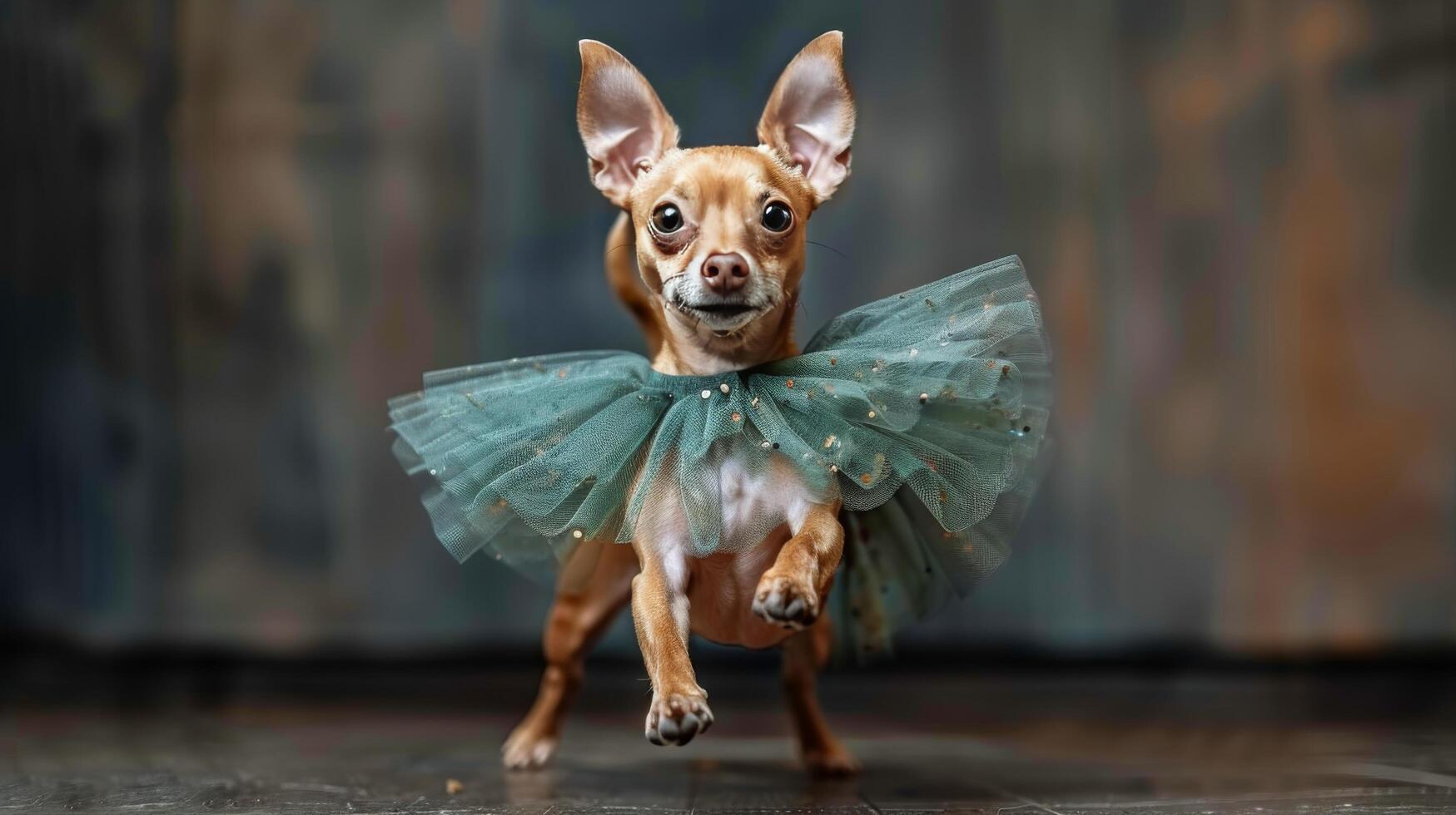 ai generado pequeño perro vistiendo un verde tutu foto