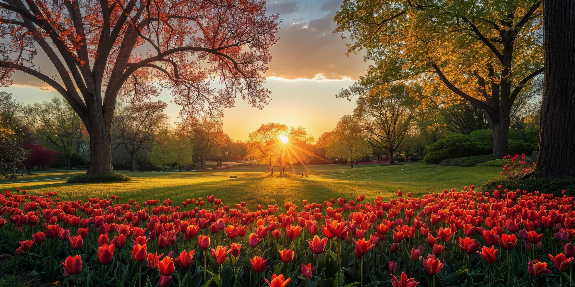 AI generated Red Tulip Field at Sunset photo