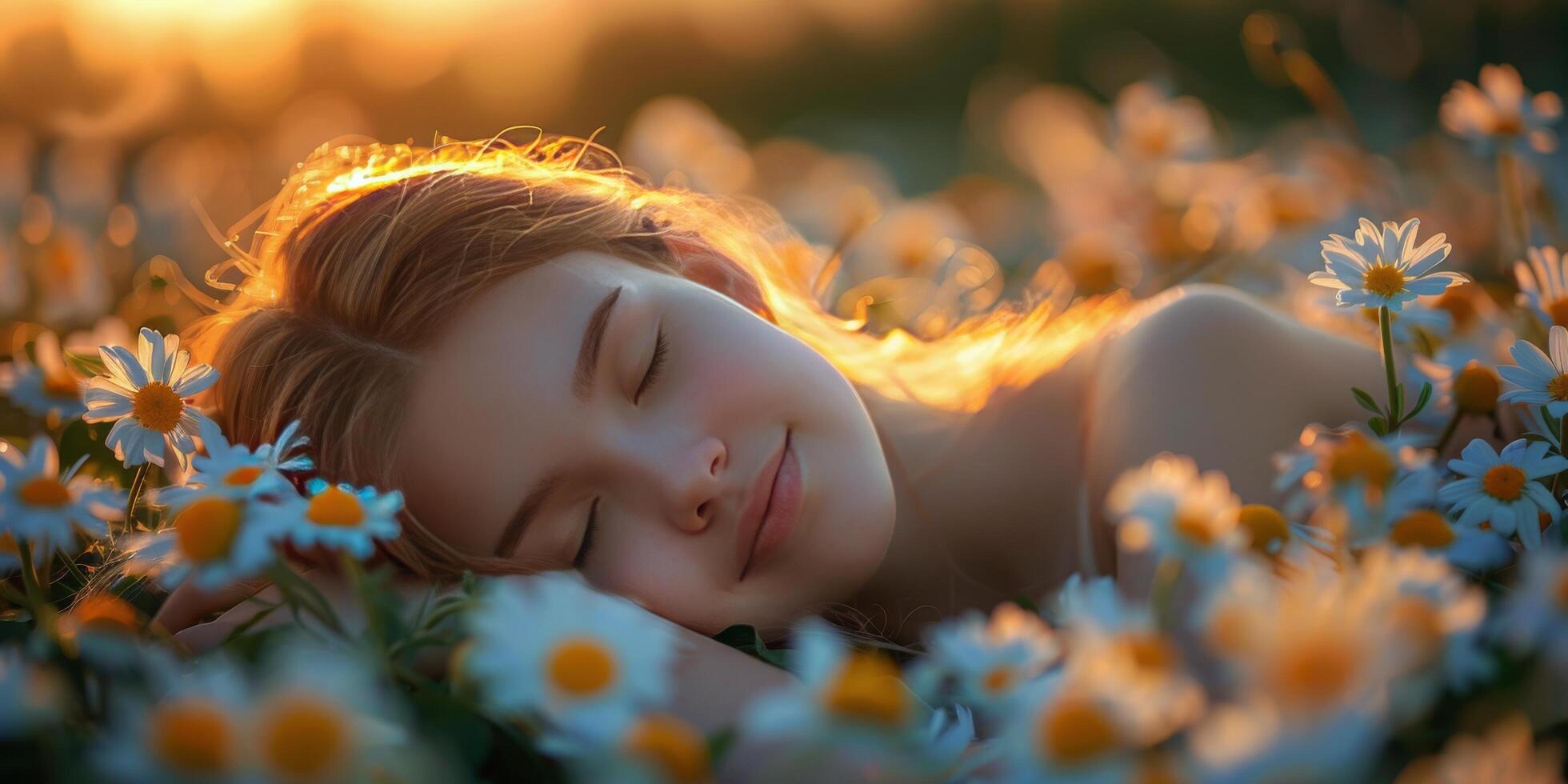 AI generated Young Girl Sleeping in Field of Daisies photo