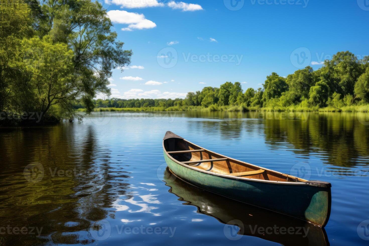 AI generated Tranquil river under a clear blue sky background with a canoe. Generative AI photo