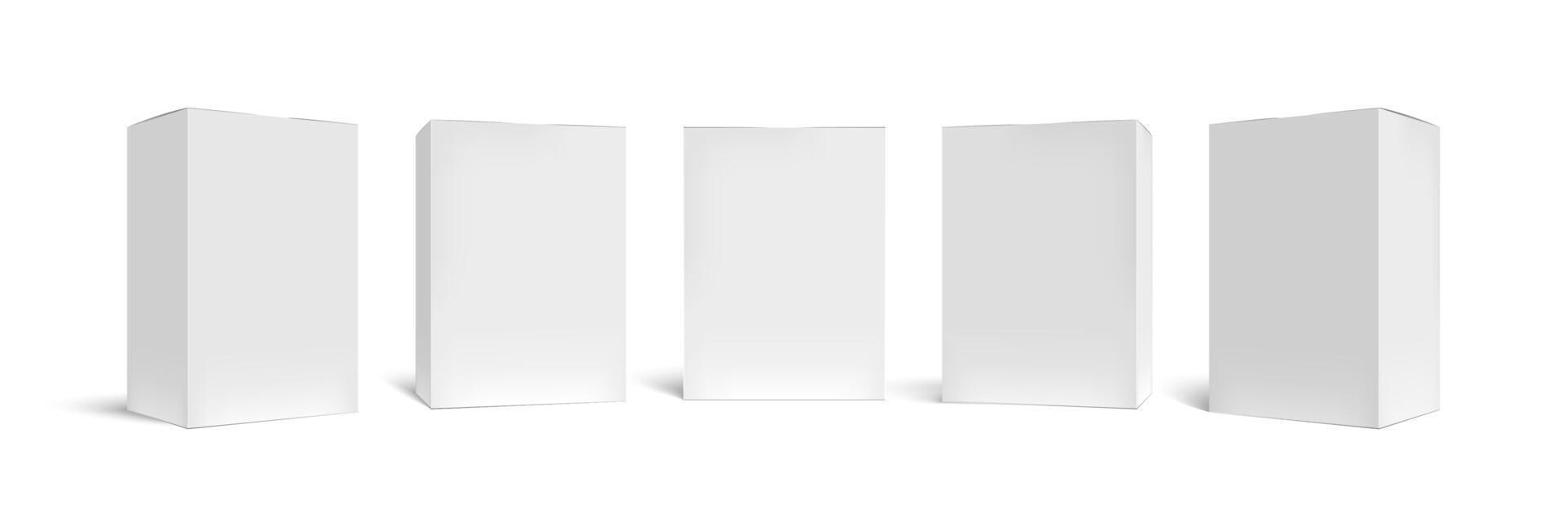 Realistic box mock up. Rectangular packaging boxes, white cardboard and blank vertical pack 3D vector template set. Closed square packing, carton containers, merchandise cases cliparts collection