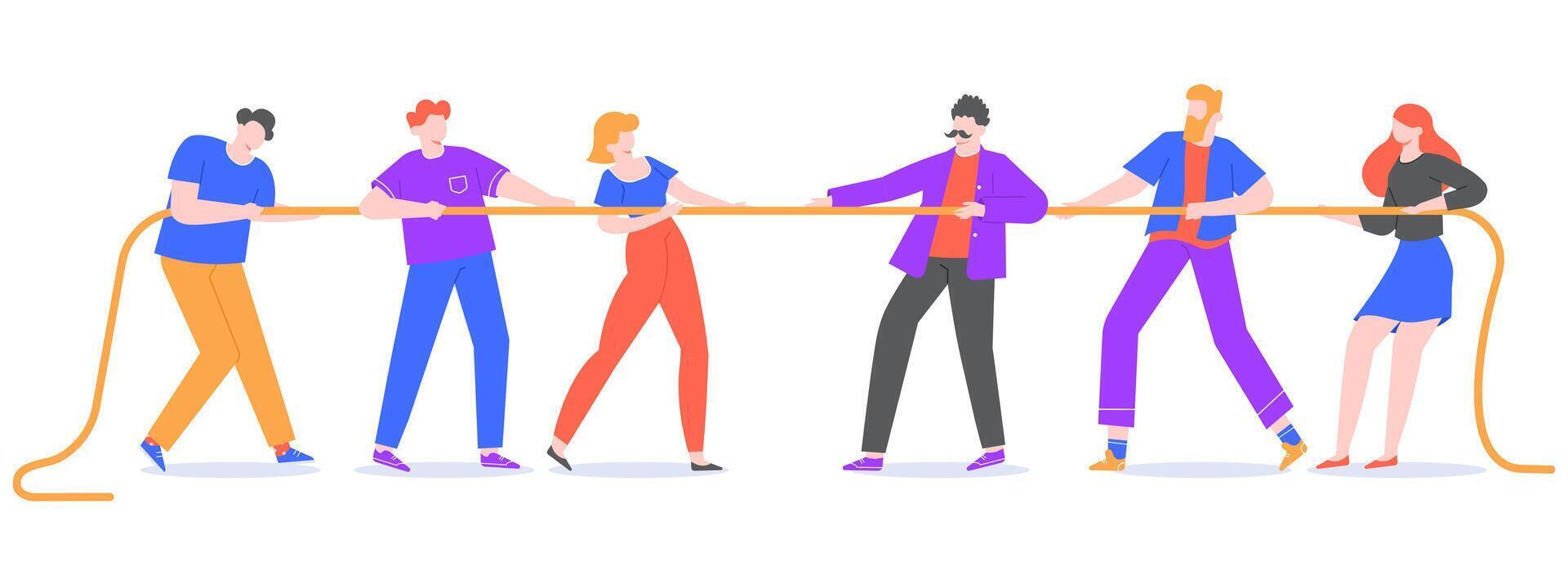 Tug of war. Young people pull the rope, opposite teams at rope pulling competition. Corporate competitions and active tug game vector isolated illustration. Competitors characters struggling