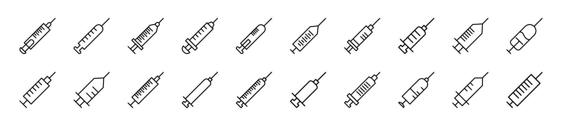 Pack of line icons of syringe. Editable stroke. Simple outline sign for web sites, newspapers, articles book vector