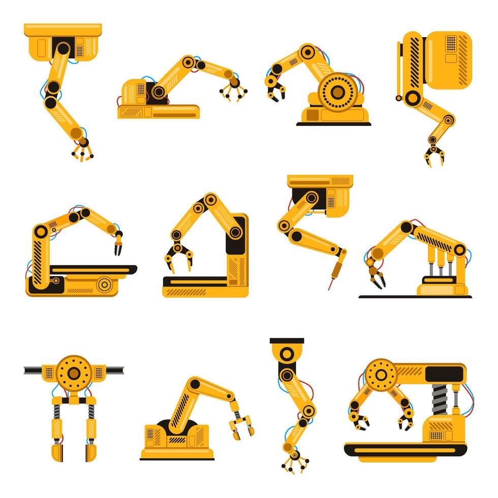 Robotic arms. Manufacturing industry mechanical robot arm, machinery technology, factory machine hands isolated vector illustration set
