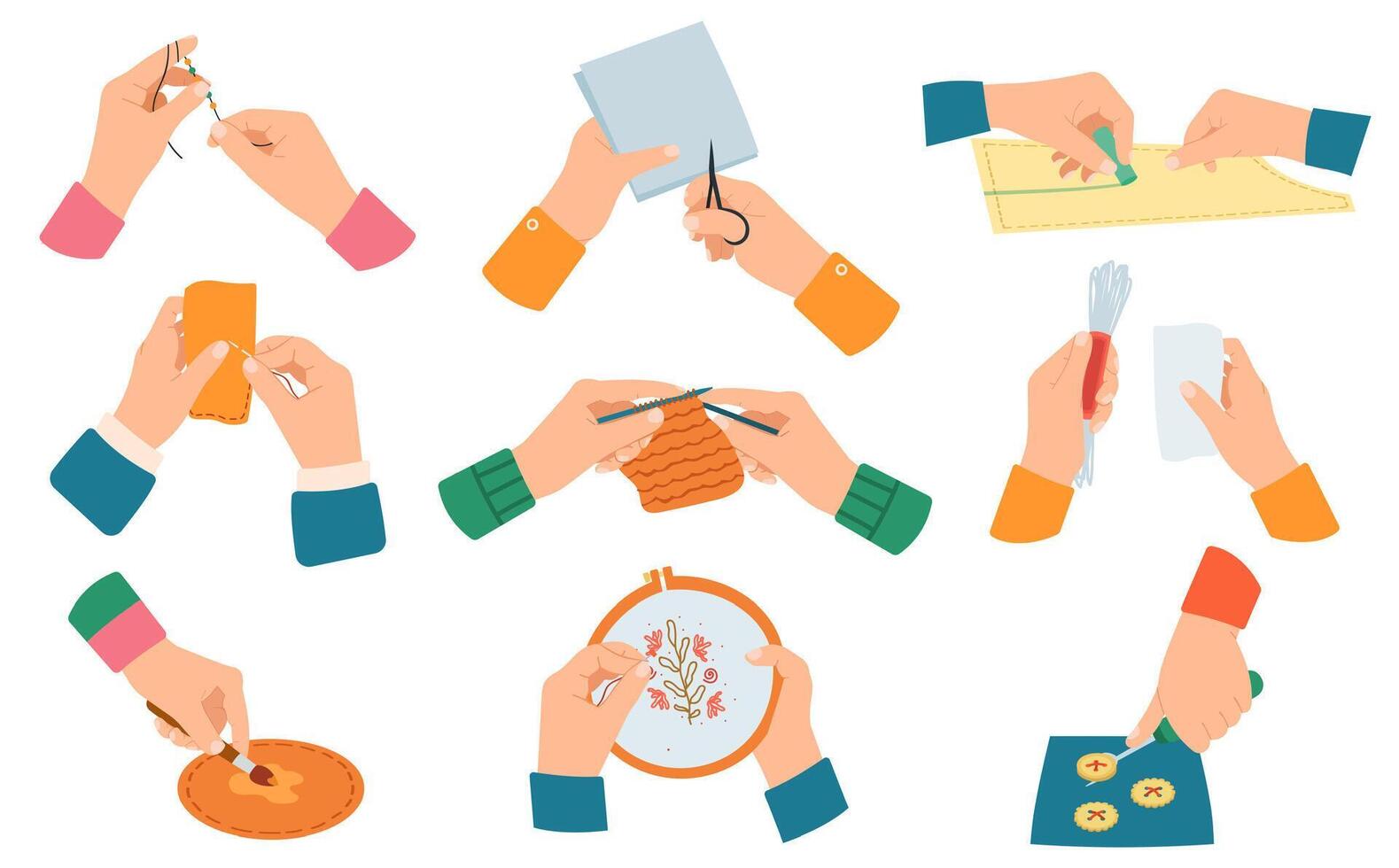 Creative handcraft. Workshop, needlework and knitting handmade process, human hands do hand craft isolated vector illustration set