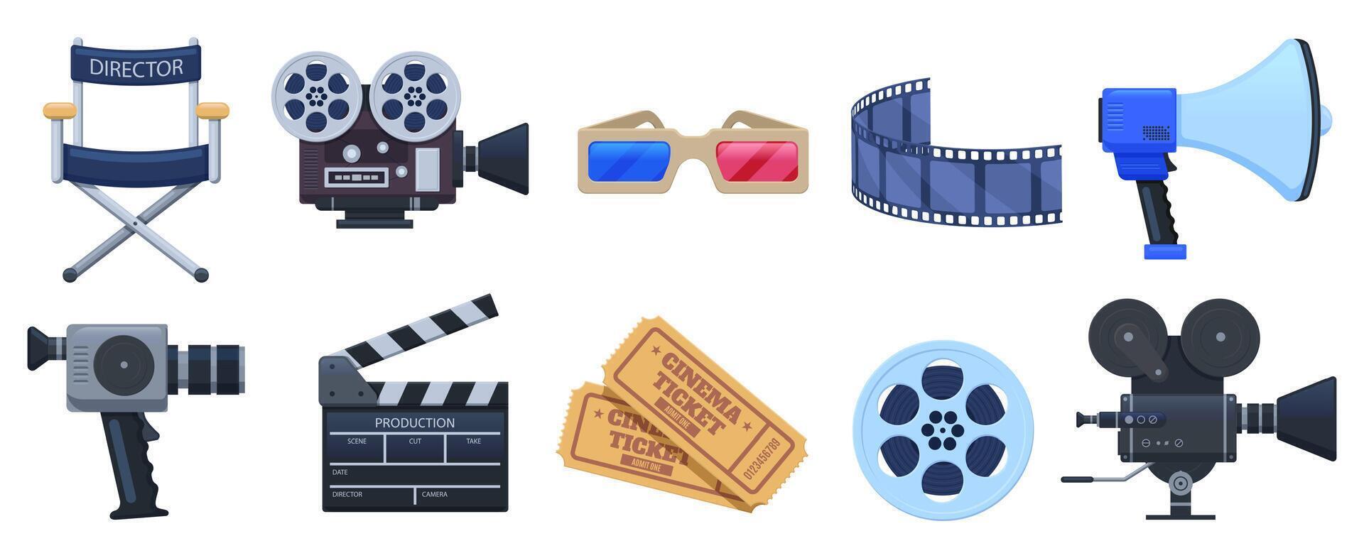 Cinema symbols. Movie theatre or cinematography clapperboard, camera and movie premiere tickets. Film production isolated vector illustration set
