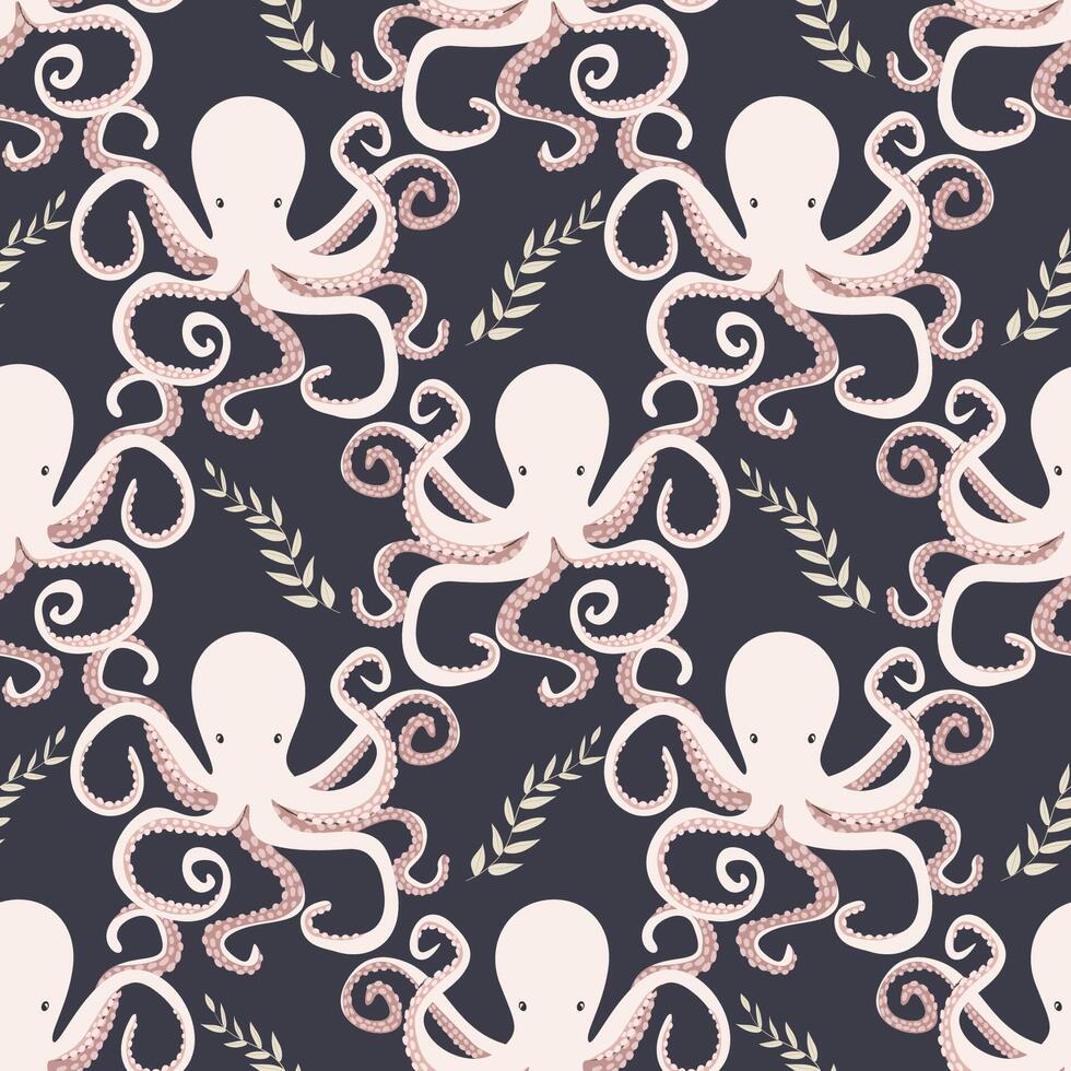 Pink cute octopus, seamless pattern. Vector illustration