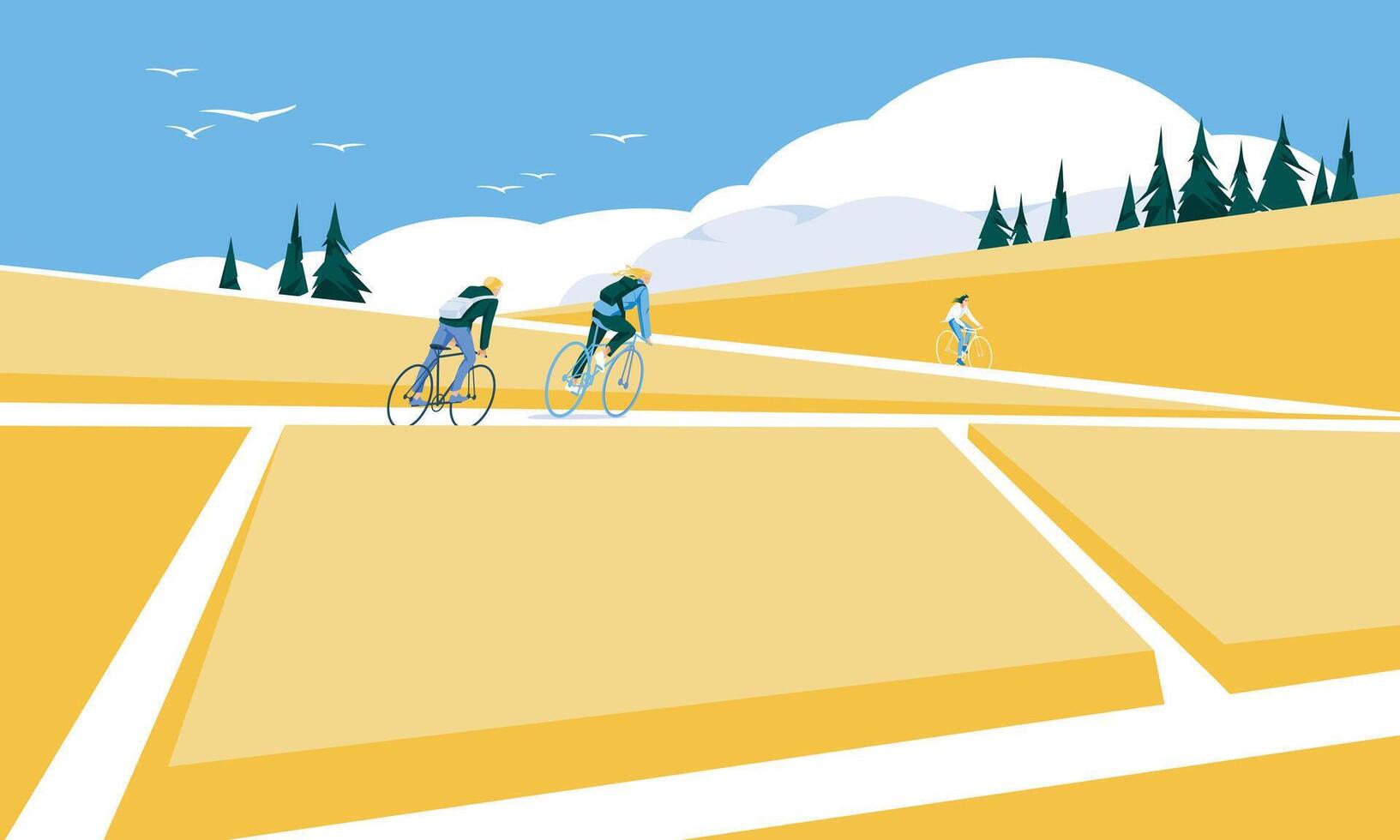 cyclists among a blooming yellow field. Minimalist landscape. Season vector flat illustration. Environment and ecological transport